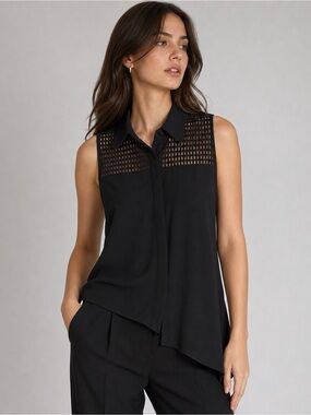 Periphery Black Sleeveless Mesh-Panel Asymmetrical Hem Top